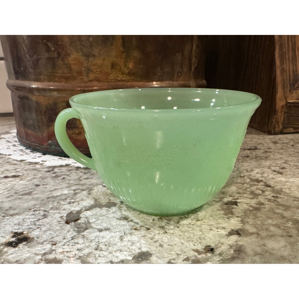 Fire-King Jadeite Alice Tea Cup Vintage Green Milk Glass Floral Embossed Ribbed